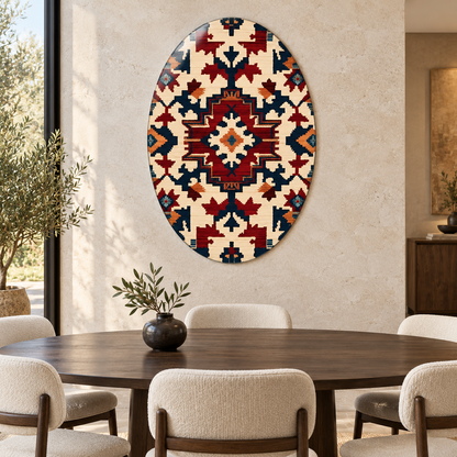 Bordo ve Lacivert Kilim Desenli Dikey Oval Cam Tablo - Yemek odası