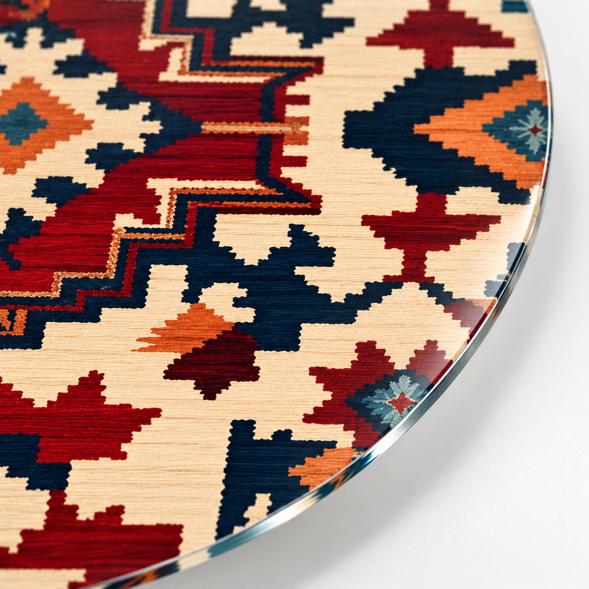 Bordo ve Lacivert Kilim Desenli Dikey Oval Cam Tablo - İnce rodajlı cam kenarı