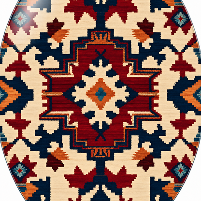 Bordo ve Lacivert Kilim Desenli Dikey Oval Cam Tablo - UV baskı detayı