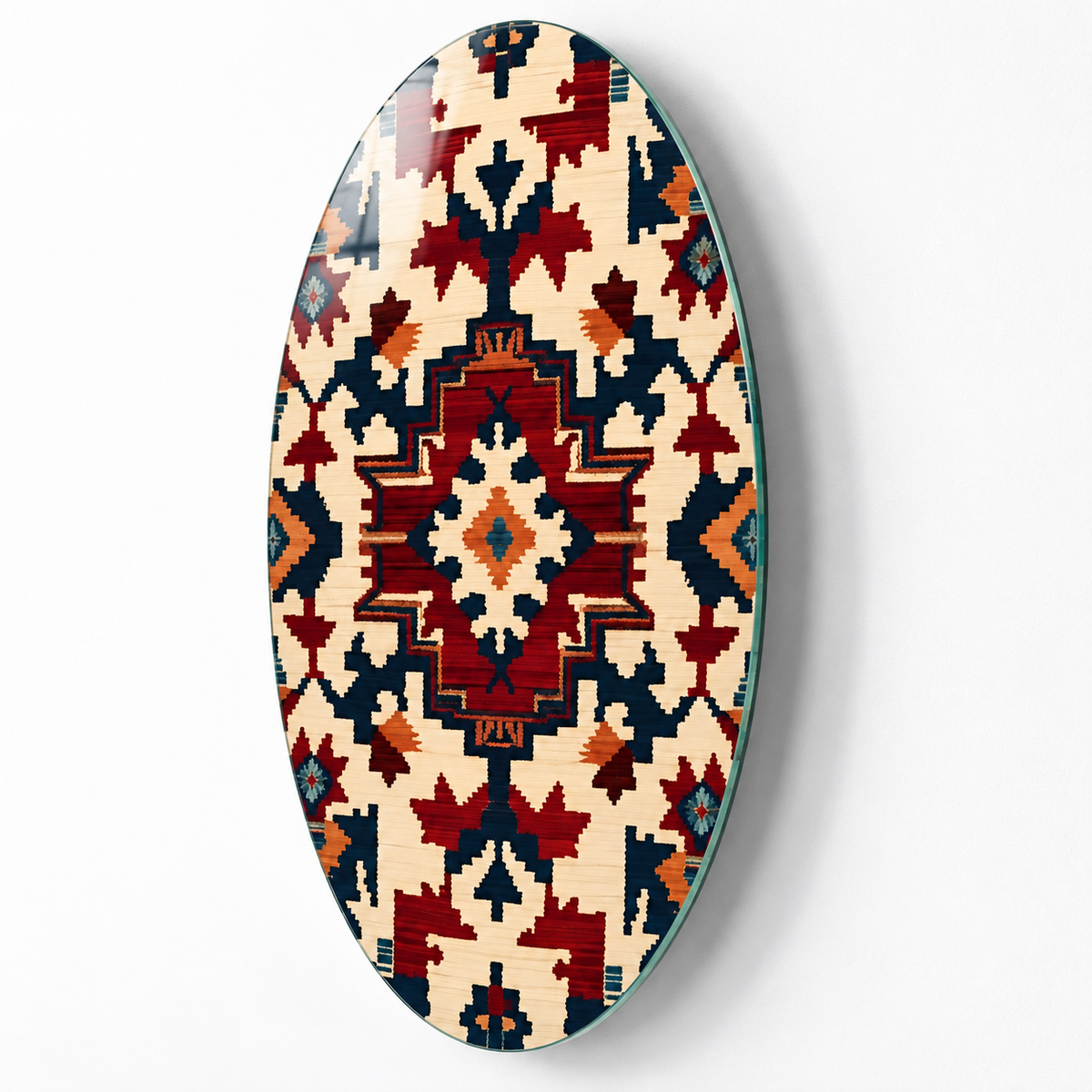 Bordo ve Lacivert Kilim Desenli Dikey Oval Cam Tablo - Duvar mesafesi