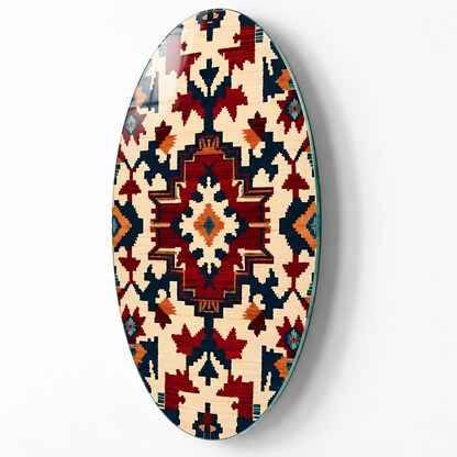 Bordo ve Lacivert Kilim Desenli Dikey Oval Cam Tablo - Duvar mesafesi