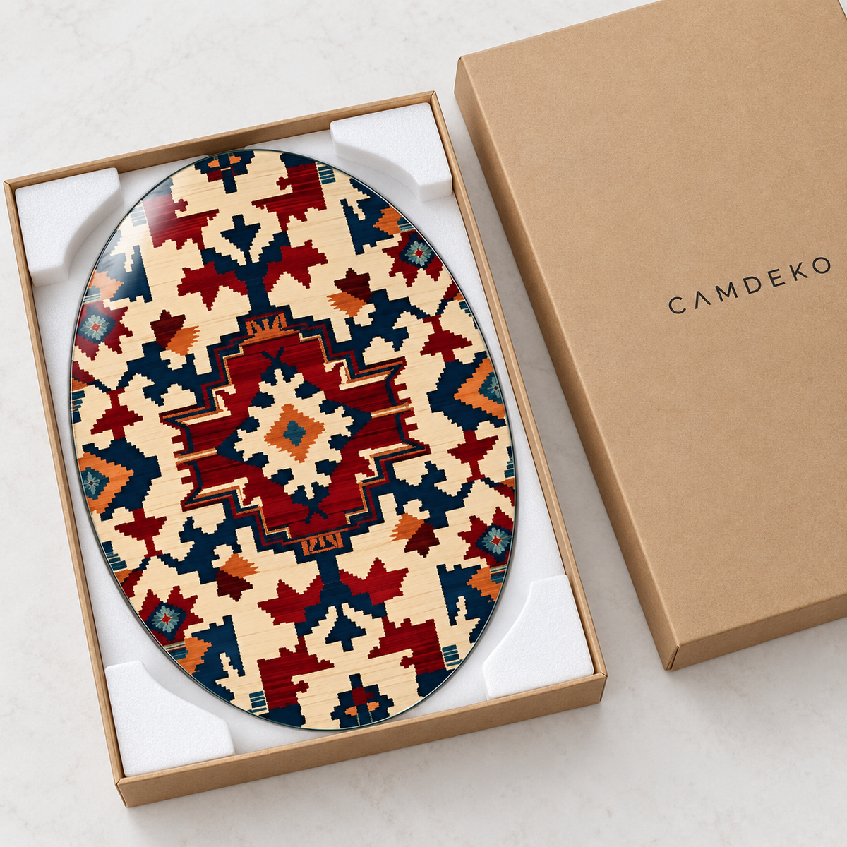 Bordo ve Lacivert Kilim Desenli Dikey Oval Cam Tablo - Koruyucu ambalaj