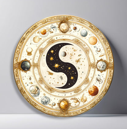 Ying Yang ve Gezegenler Yuvarlak Cam Tablo