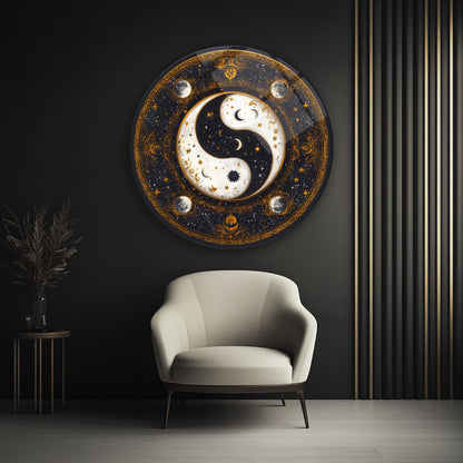 Gold Ying Yang Yuvarlak Cam Tablo