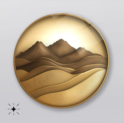Gold Soyut Dağ Manzarası Yuvarlak Cam Tablo