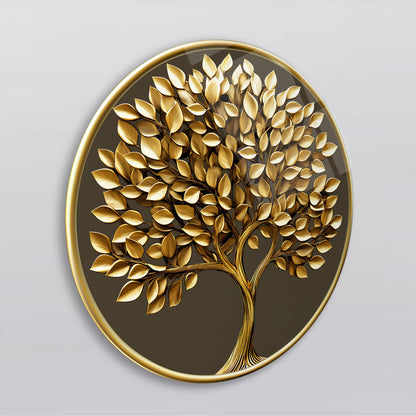 Gold Hayat Ağacı Yuvarlak Cam Tablo