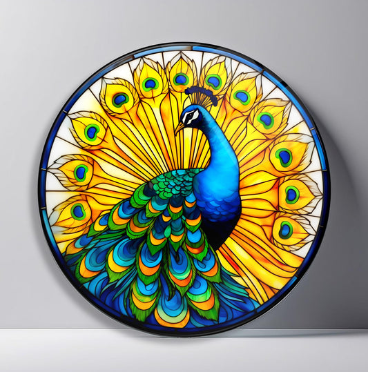 Sarı Vitray Desen Tavus Kuşu Yuvarlak Cam Tablo