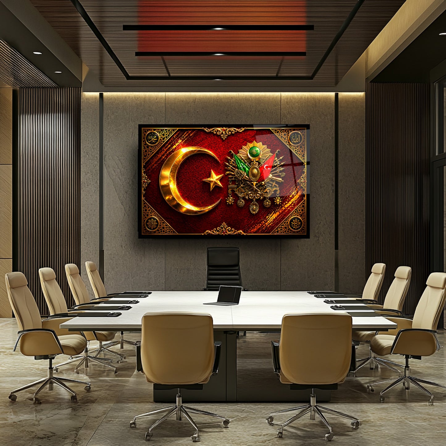 Osmanlı Tuğrası ve Türk Bayraklı Cam Tablo