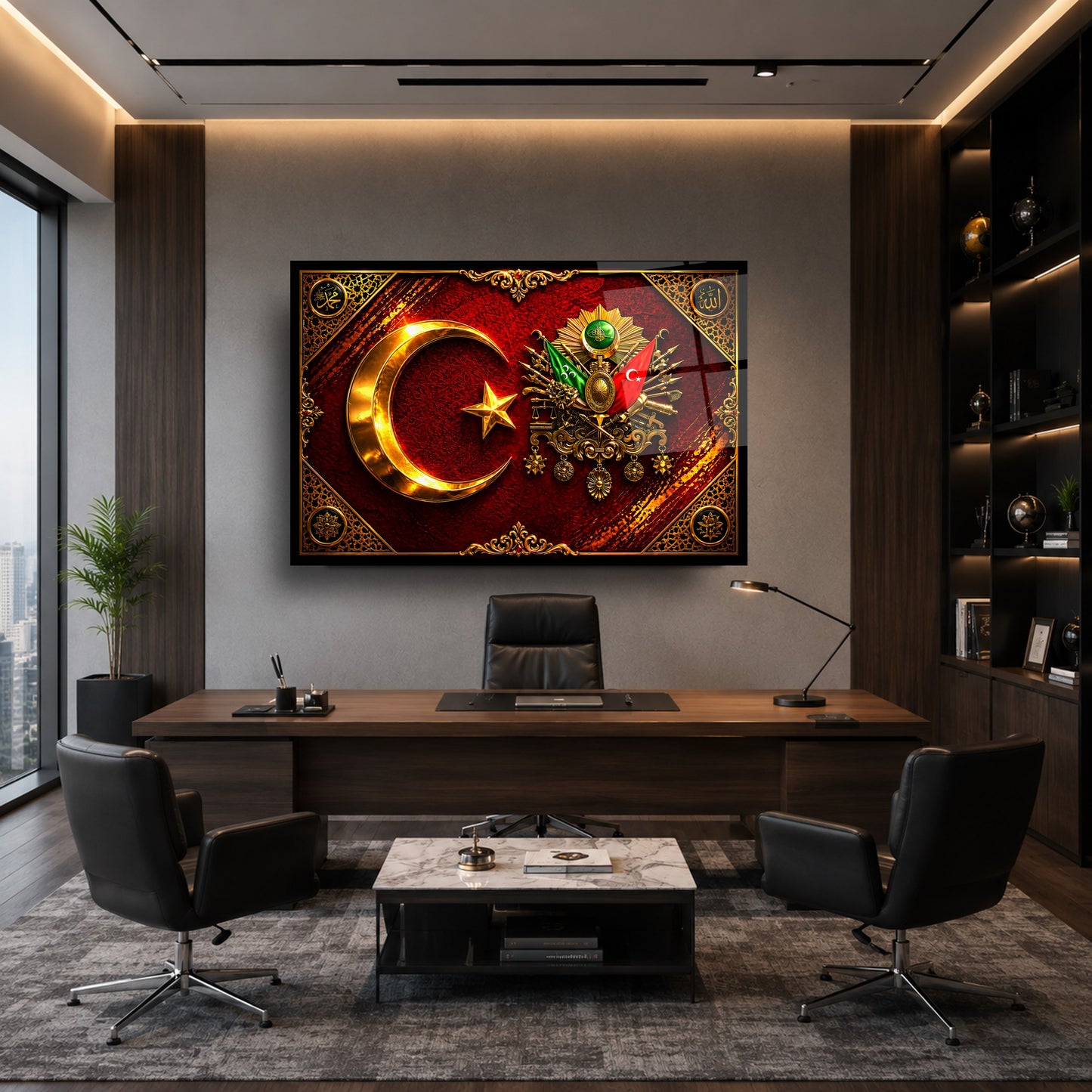 Osmanlı Tuğrası ve Türk Bayraklı Cam Tablo
