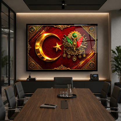 Osmanlı Tuğrası ve Türk Bayraklı Cam Tablo