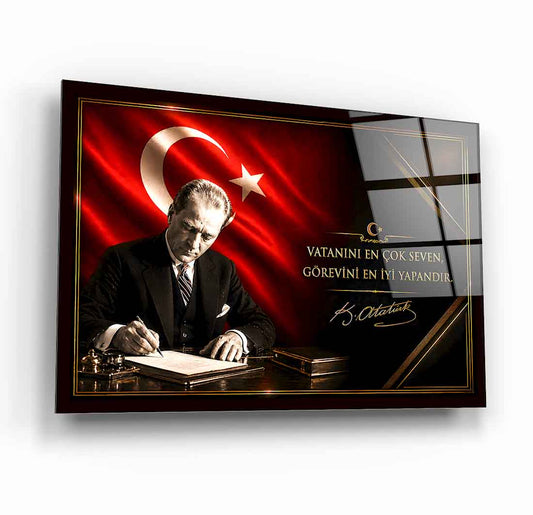 Atatürk Türk Bayraklı Cam Tablo