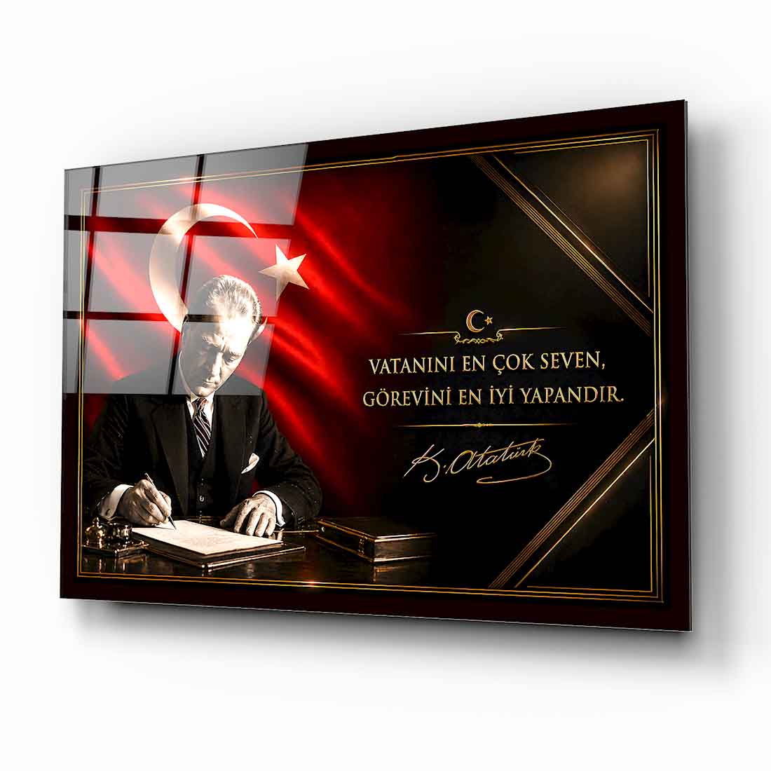 Atatürk Türk Bayraklı Cam Tablo