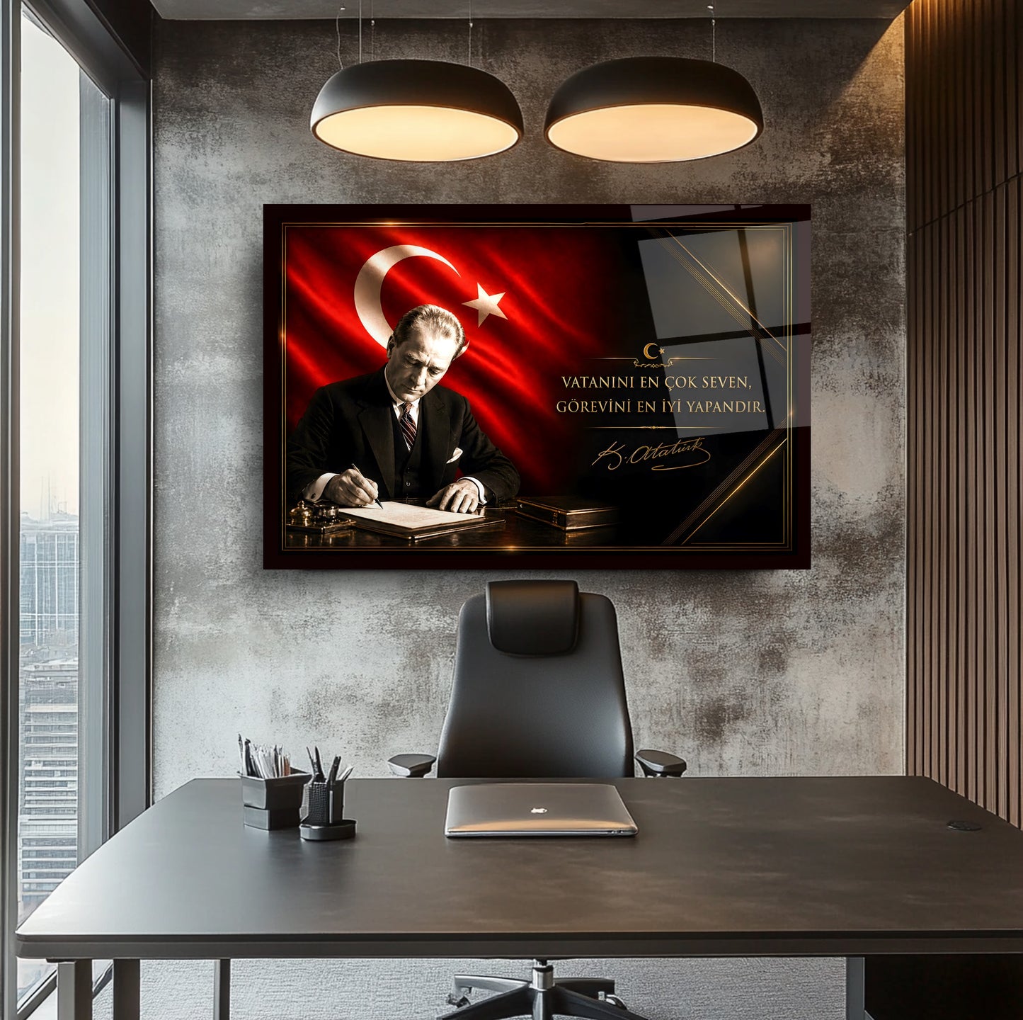 Atatürk Türk Bayraklı Cam Tablo