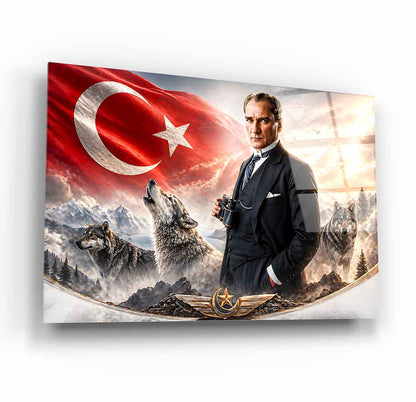 Atatürk Türk Bayrağı ve Bozkurt Cam Tablo