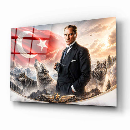 Atatürk Türk Bayrağı ve Bozkurt Cam Tablo