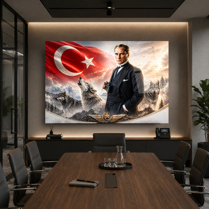 Atatürk Türk Bayrağı ve Bozkurt Cam Tablo