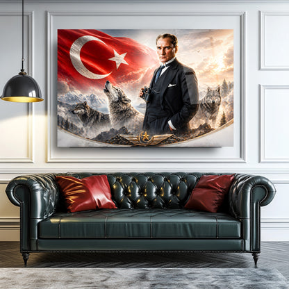 Atatürk Türk Bayrağı ve Bozkurt Cam Tablo