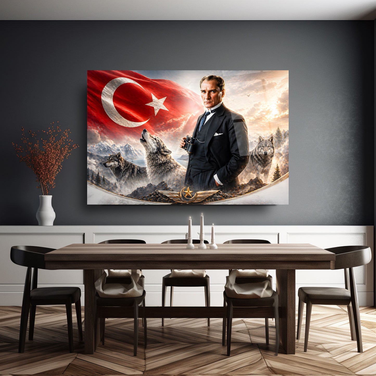 Atatürk Türk Bayrağı ve Bozkurt Cam Tablo