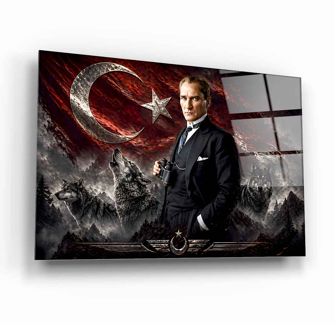 Atatürk Türk Bayrağı ve Bozkurt Cam Tablo