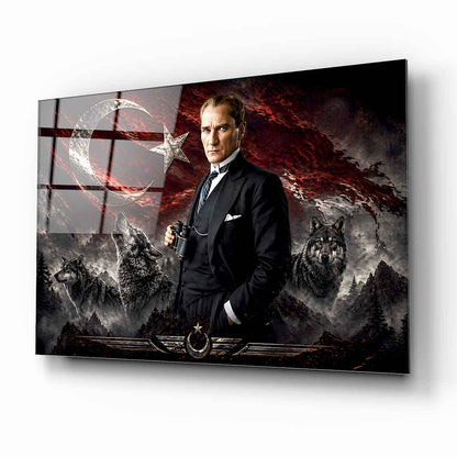Atatürk Türk Bayrağı ve Bozkurt Cam Tablo