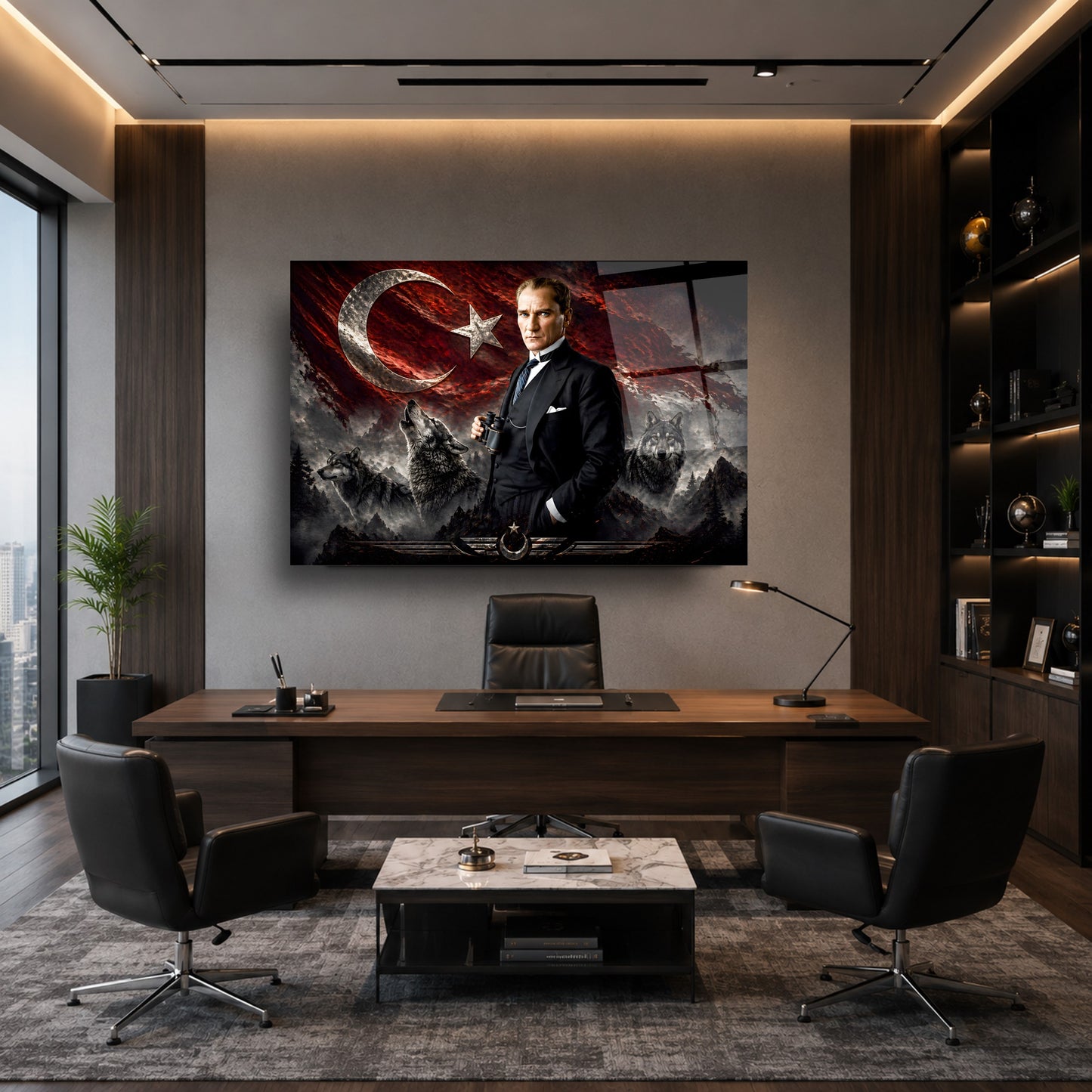 Atatürk Türk Bayrağı ve Bozkurt Cam Tablo