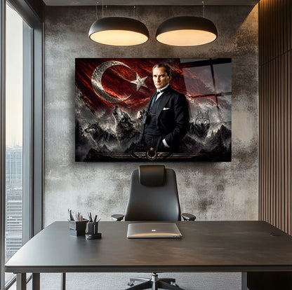 Atatürk Türk Bayrağı ve Bozkurt Cam Tablo