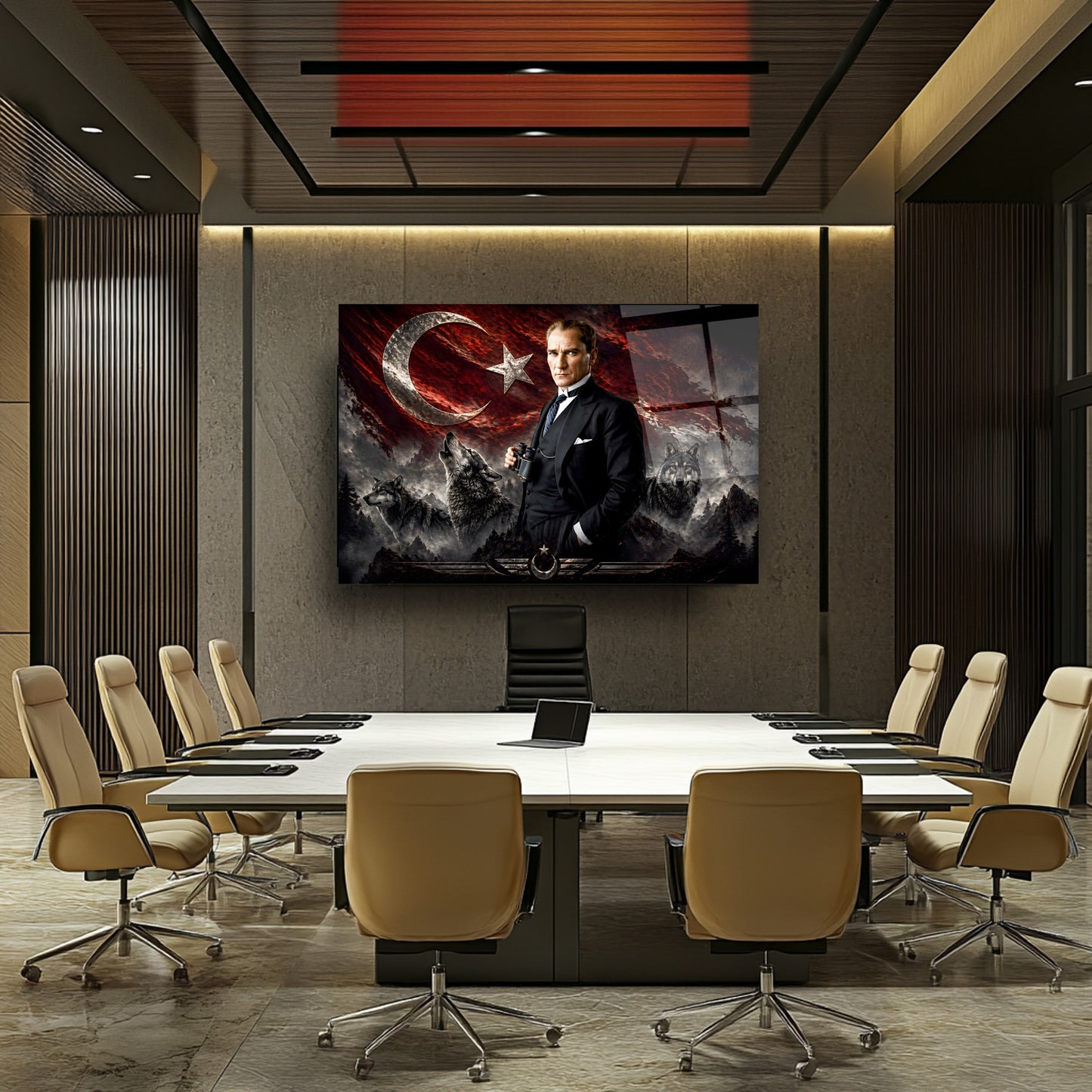 Atatürk Türk Bayrağı ve Bozkurt Cam Tablo