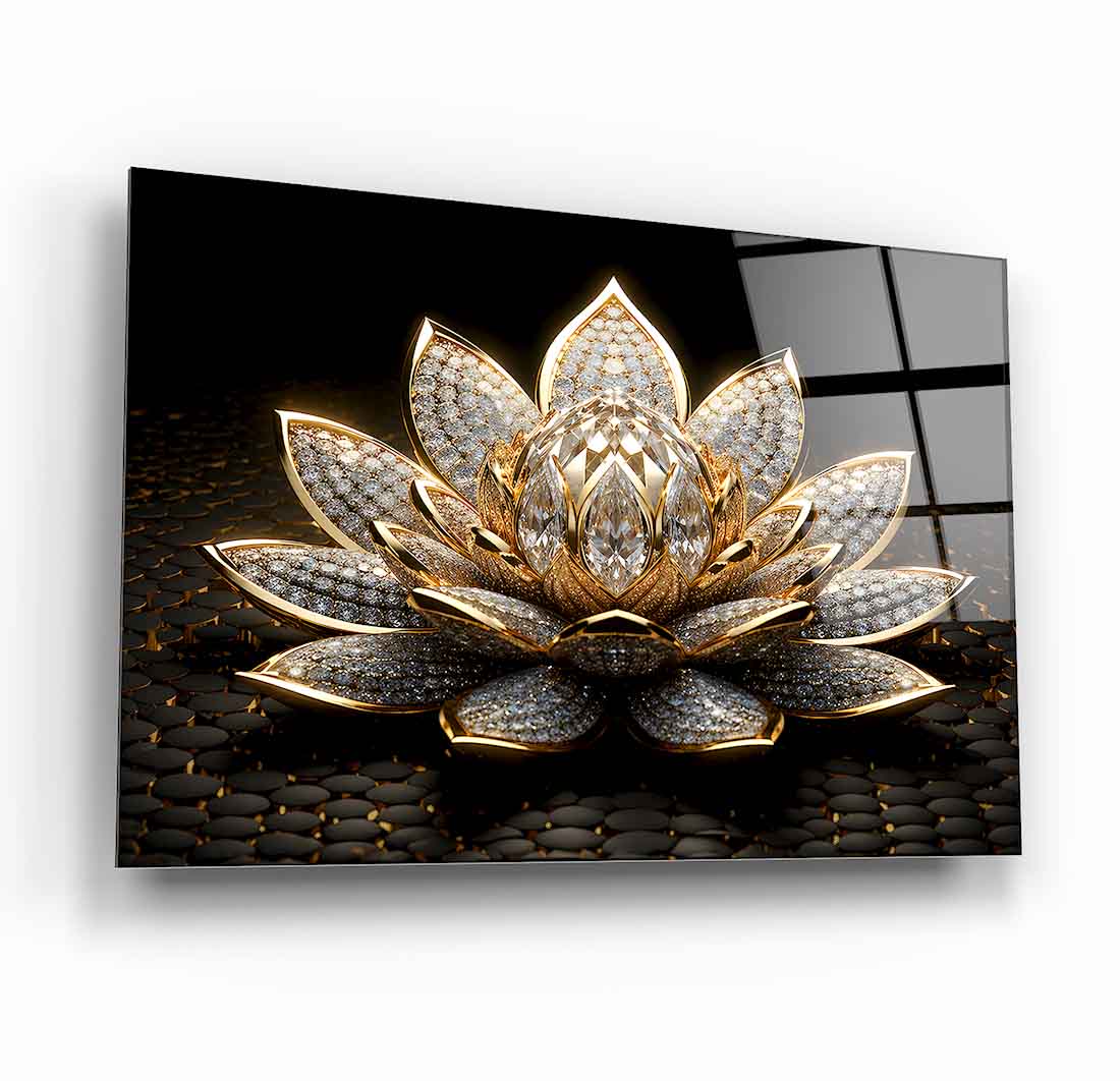 Altın Lotus Çiçeği Cam Tablo