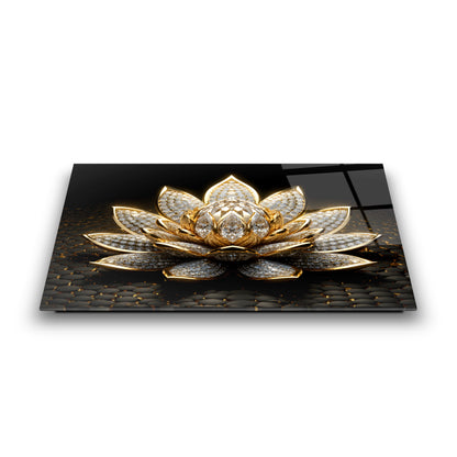 Altın Lotus Çiçeği Cam Tablo