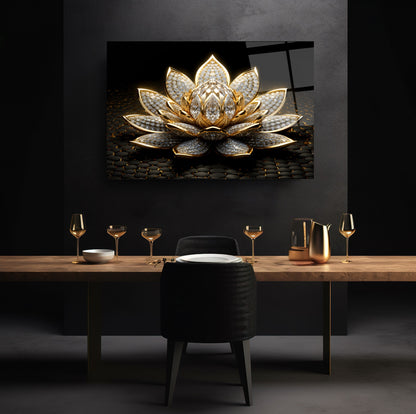 Altın Lotus Çiçeği Cam Tablo