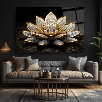 Altın Lotus Çiçeği Cam Tablo