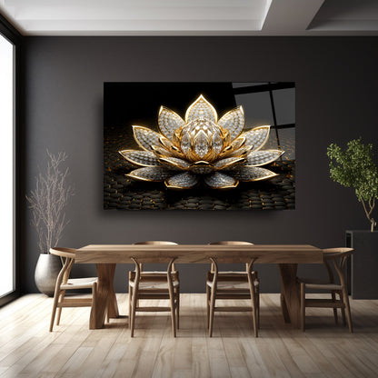 Altın Lotus Çiçeği Cam Tablo