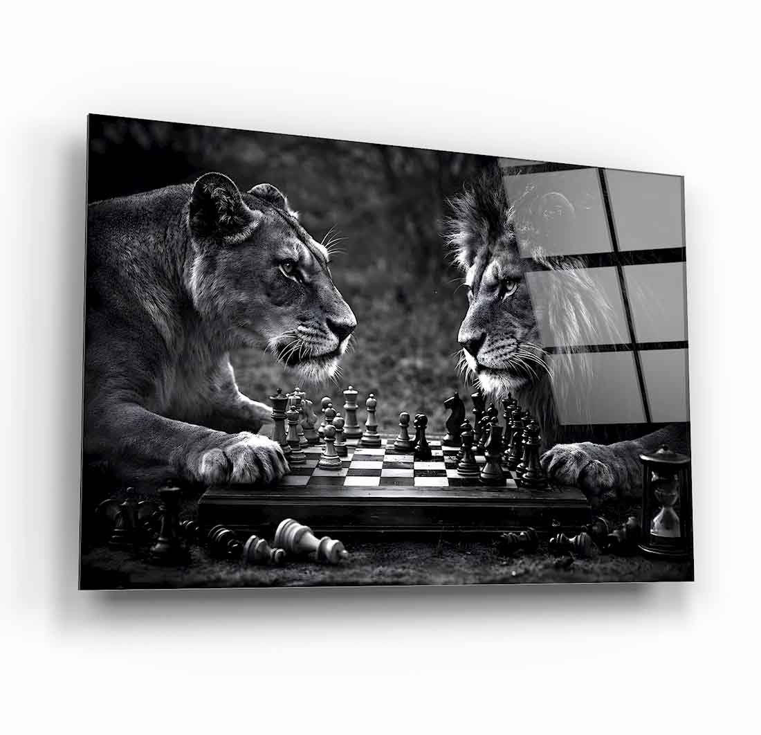 Aslan ve Dişi Aslan Satranç Cam Tablo