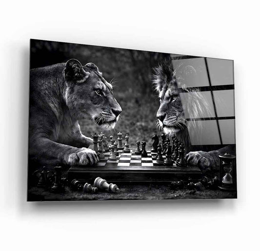 Aslan ve Dişi Aslan Satranç Cam Tablo