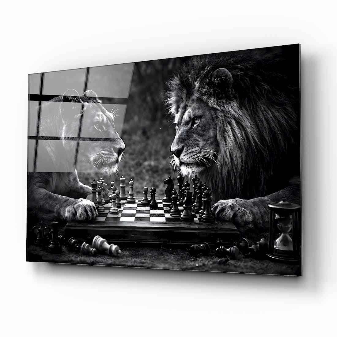 Aslan ve Dişi Aslan Satranç Cam Tablo