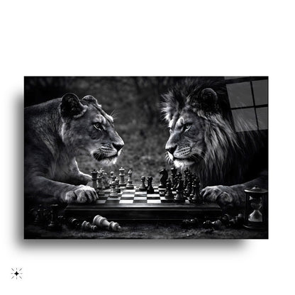 Aslan ve Dişi Aslan Satranç Cam Tablo