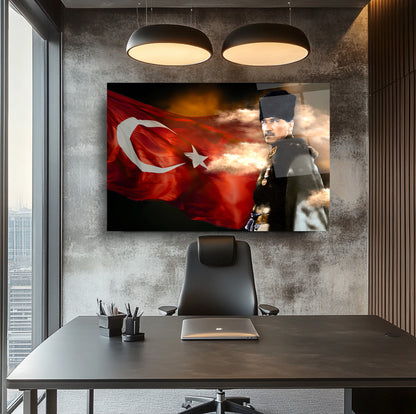 Atatürk Türk Bayraklı Cam Tablo