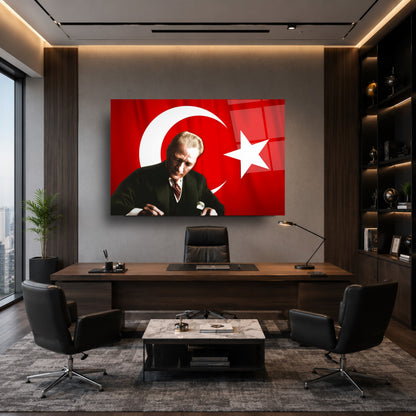 Atatürk Türk Bayraklı Cam Tablo