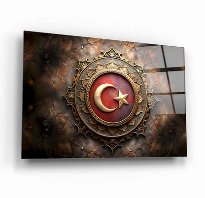 Motifli Hilal Yıldız Bayrak Cam Tablo