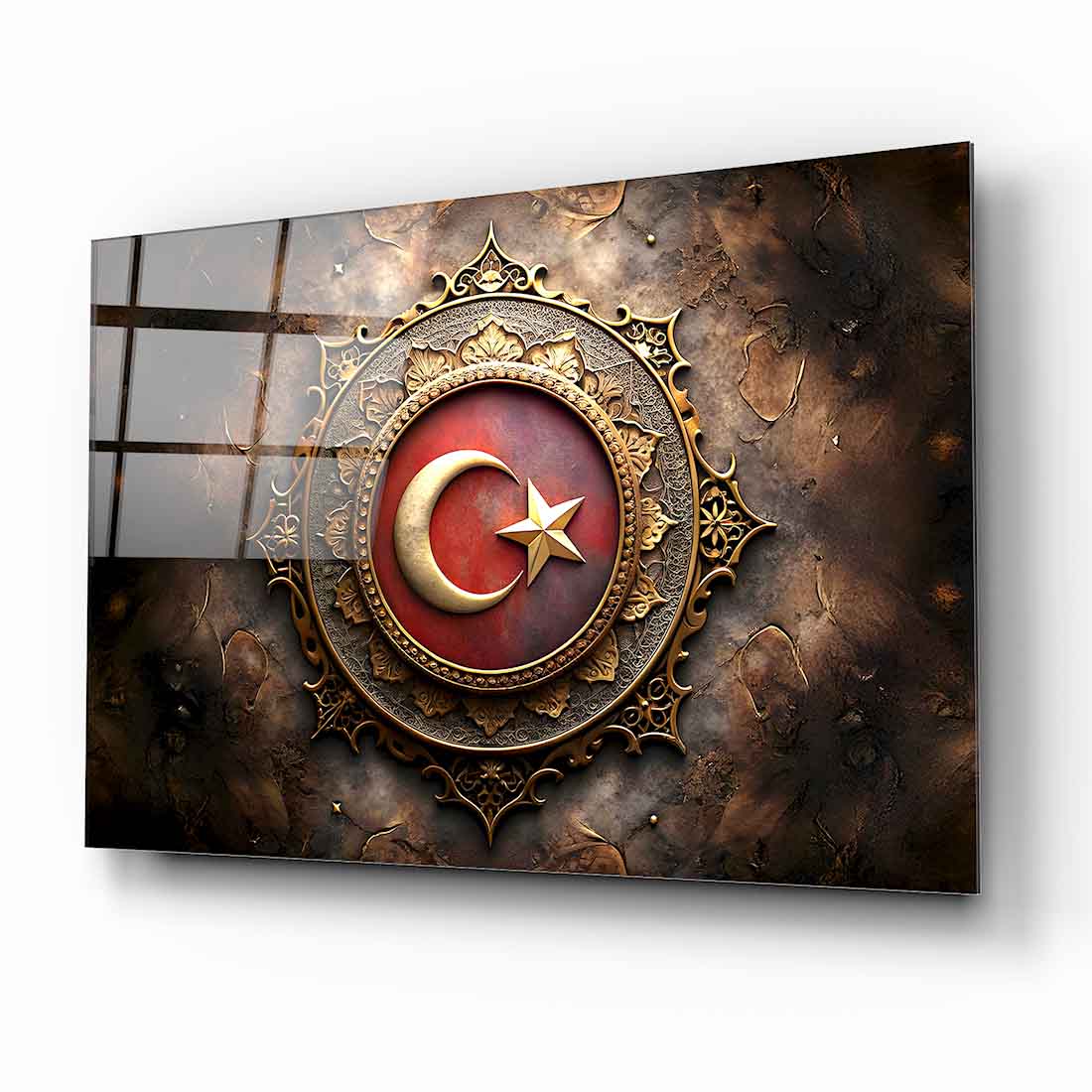 Motifli Hilal Yıldız Bayrak Cam Tablo