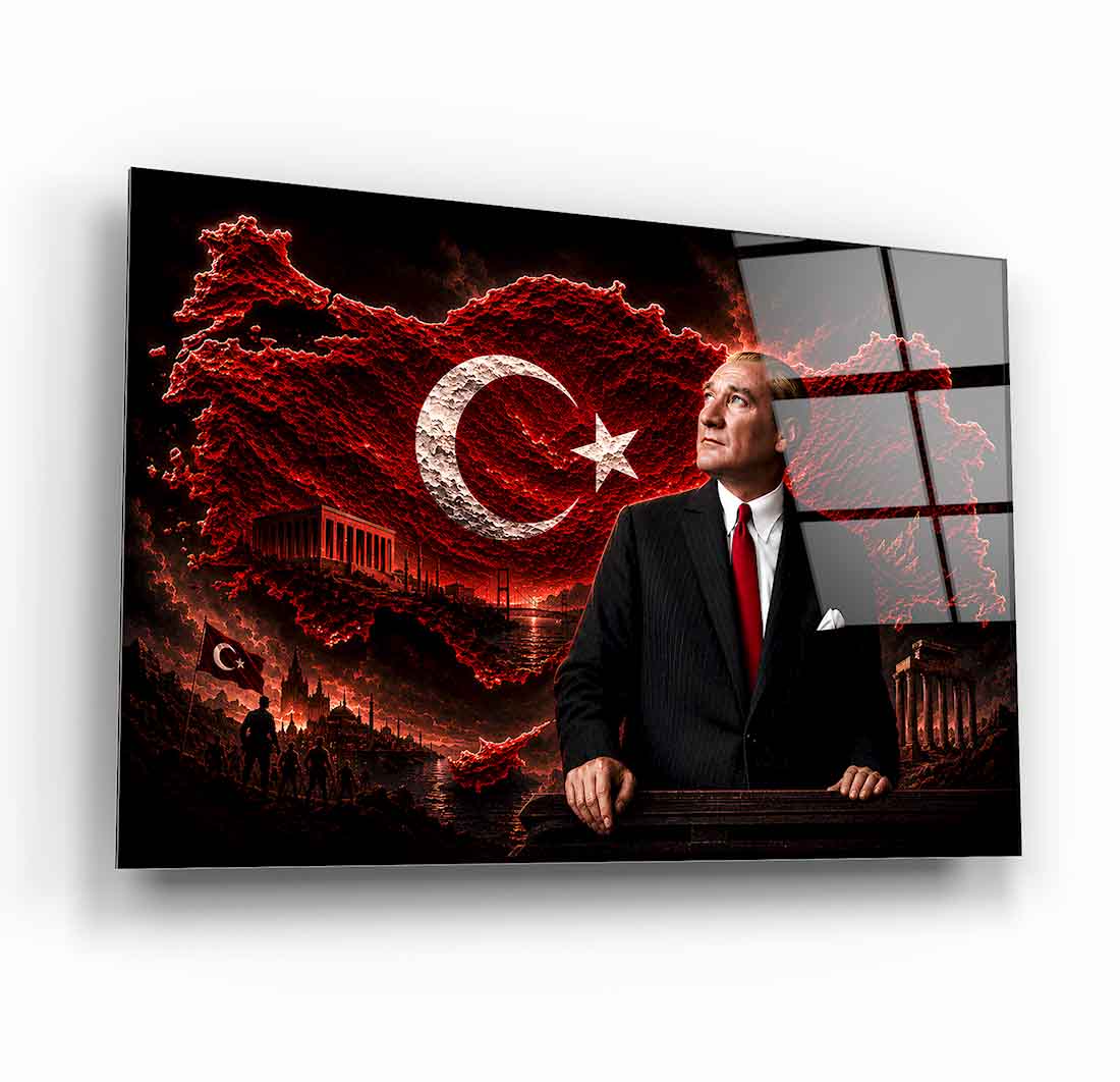 Atatürk Türkiye Haritası Kırmızı Cam Tablo
