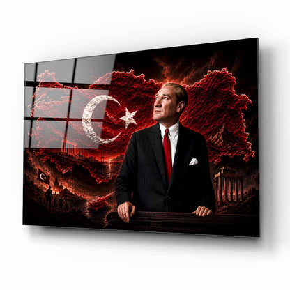 Atatürk Türkiye Haritası Kırmızı Cam Tablo