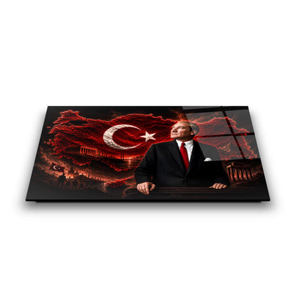 Atatürk Türkiye Haritası Kırmızı Cam Tablo