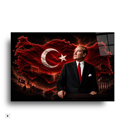 Atatürk Türkiye Haritası Kırmızı Cam Tablo