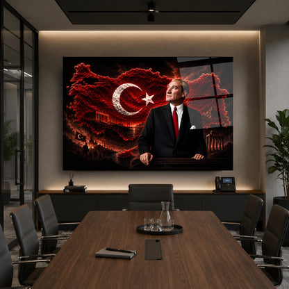 Atatürk Türkiye Haritası Kırmızı Cam Tablo