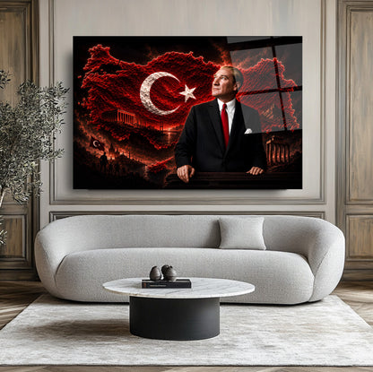 Atatürk Türkiye Haritası Kırmızı Cam Tablo