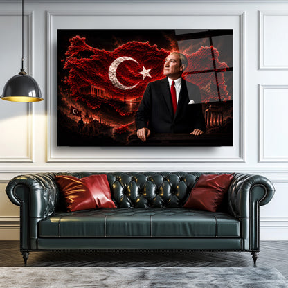 Atatürk Türkiye Haritası Kırmızı Cam Tablo