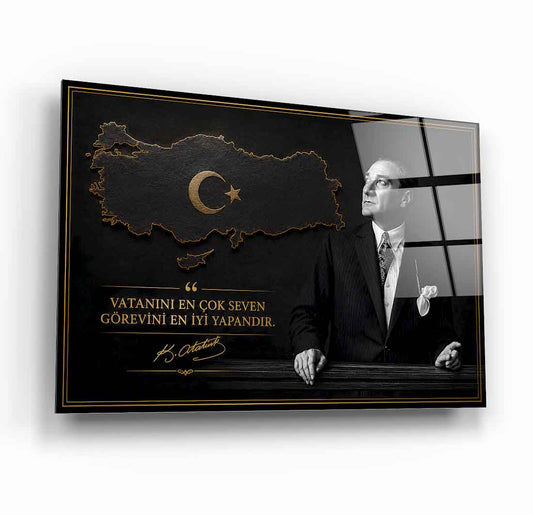Atatürk Sözlü Siyah Türkiye Haritası Cam Tablo