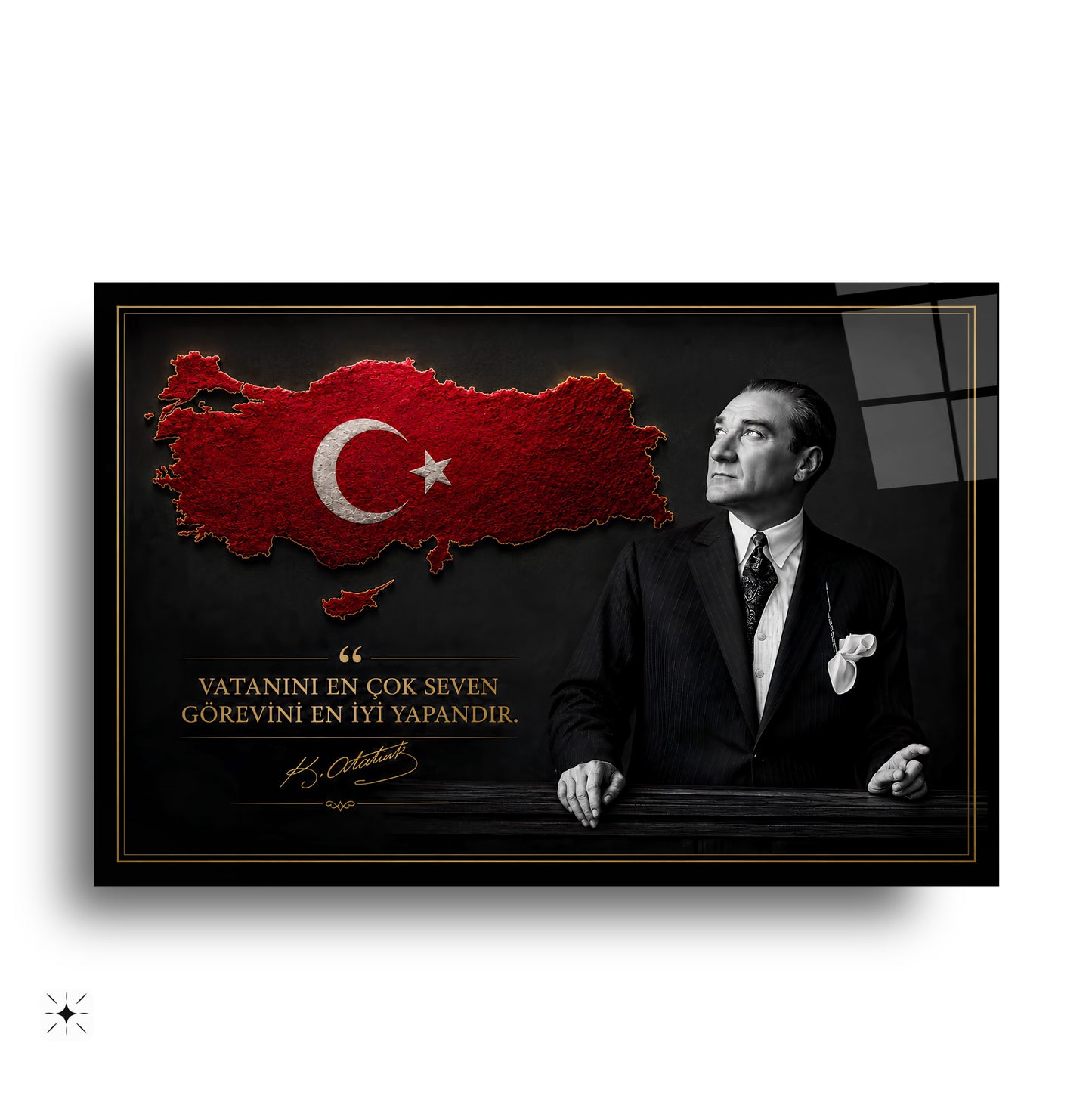 Atatürk Sözlü Kırmızı Türkiye Haritası Cam Tablo