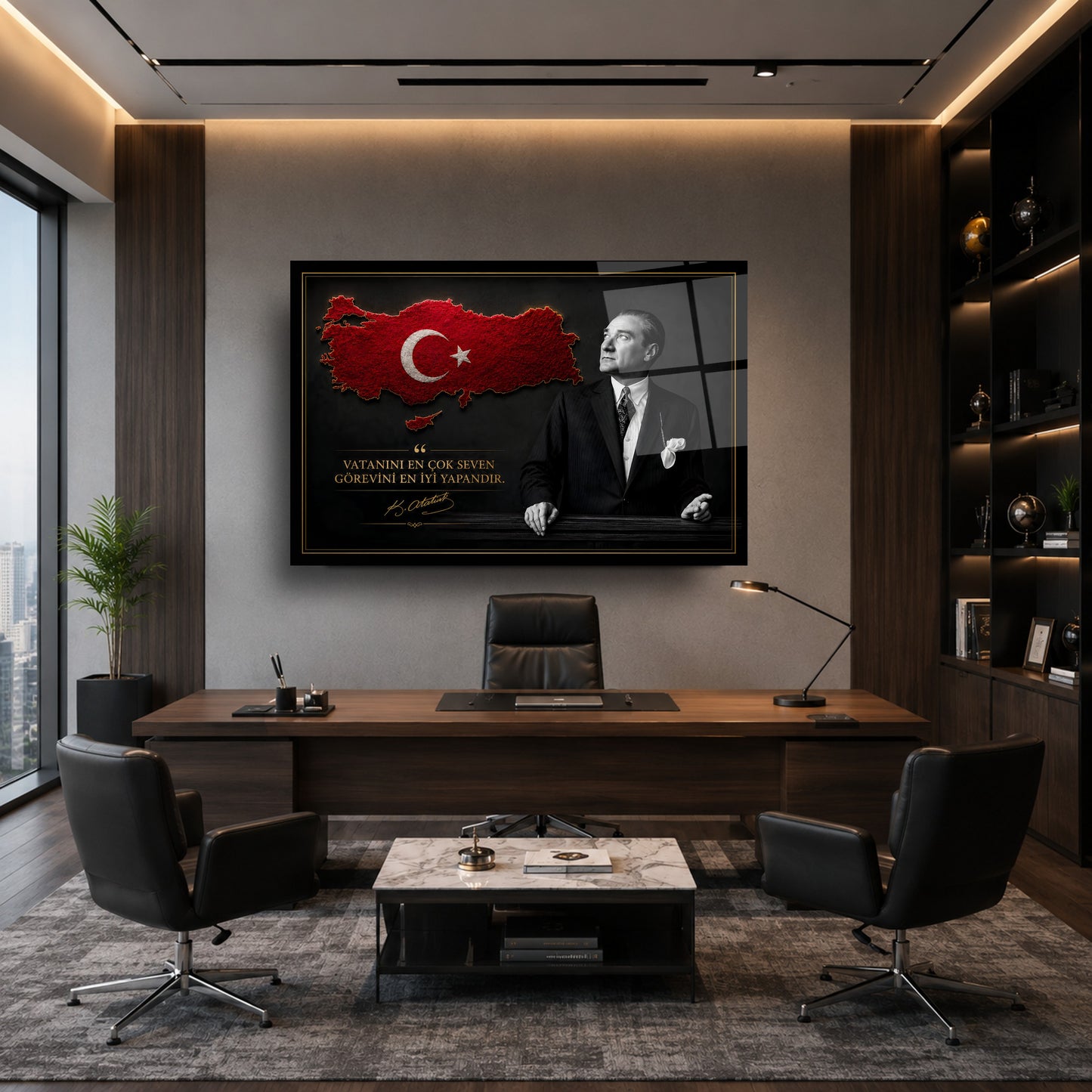 Atatürk Sözlü Kırmızı Türkiye Haritası Cam Tablo